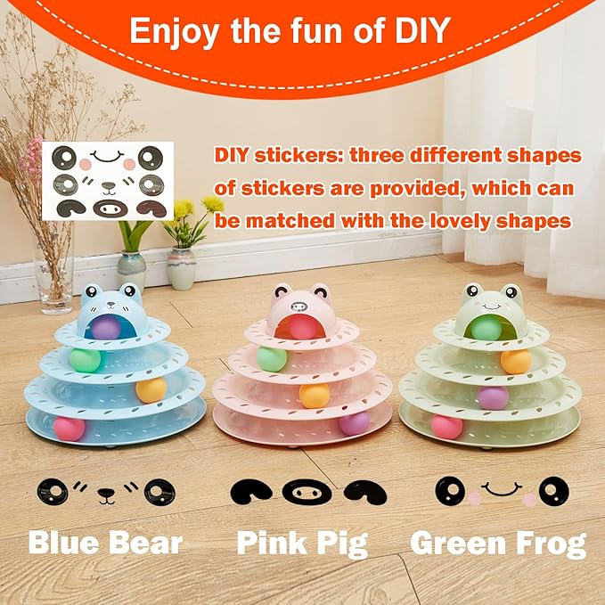 Cat Toys, 4-Level Turntable Ball Track Interactive Cat Toy for Indoor Cats, Self Play Fun Roller with Colorful Rotating Ball Puzzle Exercise Kitten Toys (Blue)