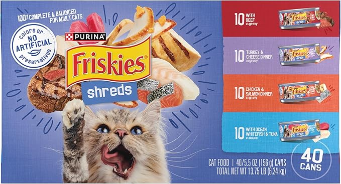 Purina Friskies Wet Cat Food Variety Pack, Shreds With Beef, Turkey and Cheese Dinner, Chicken and Salmon Dinner, and With Ocean Whitefish and Tuna - (Pack of 40) 5.5 oz. Cans