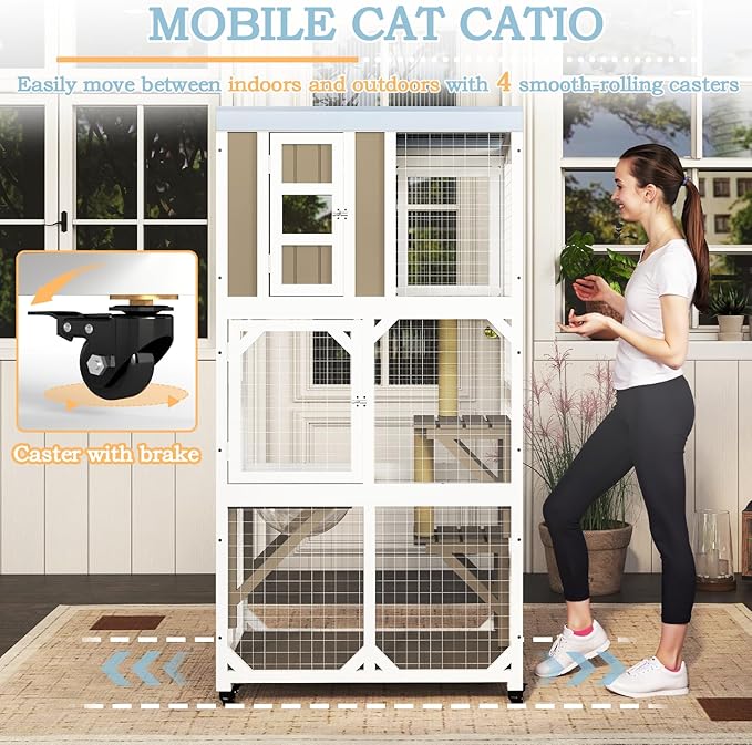 Large Wooden Catio Outdoor Cat Enclosure, Window Cat House with Wheels & 3 Platforms, Kitty Cage with Weatherproof Roof for Multiple Cats