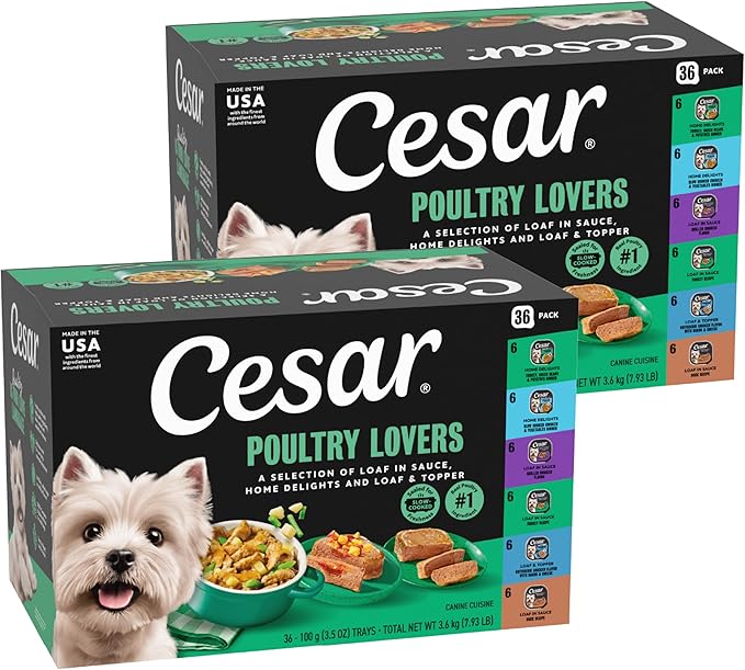 Cesar Classic Loaf in Sauce and Home Delights Adult Wet Dog Food Poultry Lovers Variety Pack with Real Chicken, Turkey or Duck, 3.5 oz. Easy Peel Trays, 36 Count (Pack of 1)