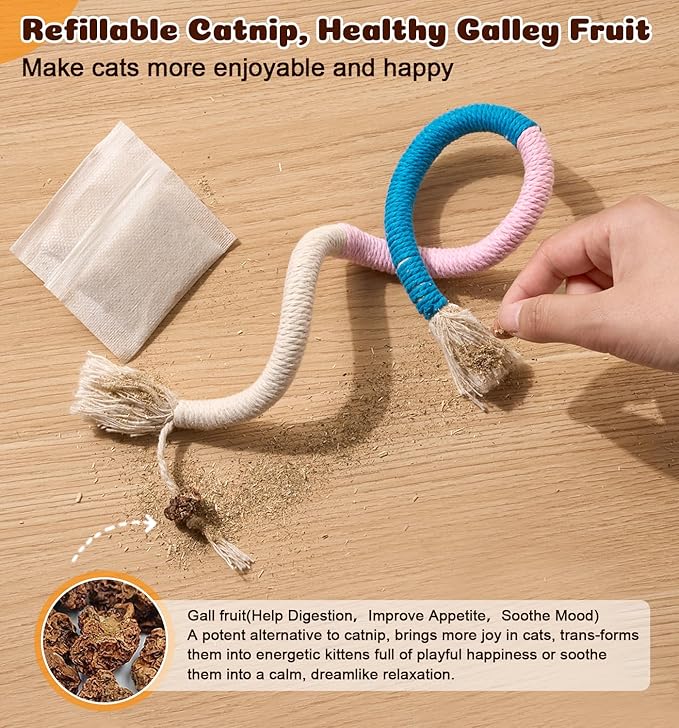 Cat Chew Ropes 4Pcs, Cat Toys for Indoor Cats with Refillable Natural Catnip, Safe Teeth Cleaning Chew Toys, Interactive Kitten Nip Toys and All Breeds (19.5 Inches)