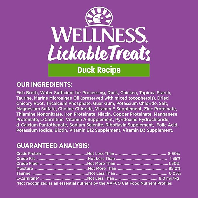 Wellness Lickable Treats Soft Puree Natural Grain Free Adult Cat Treats, Duck Recipe, Contains 6-0.4 Ounce Squeezable Tubes