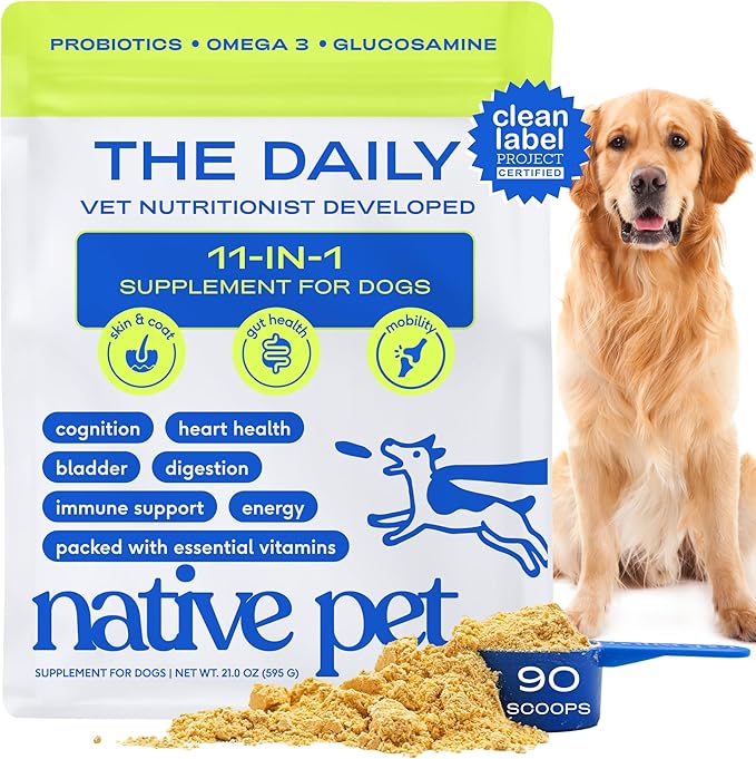 Native Pet Dog Vitamins & Supplements - 11-in-1 Multivitamin Powder for Dogs Food Topper - Collagen, Glucosamine, Probiotics, Omega & More- Supports Healthy Gut, Mobility & Overall Health -90 Scoops