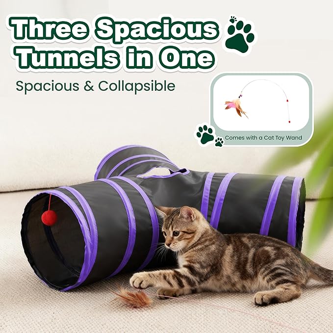 Love’s Cabin Cat Tunnel for Indoor Cats, 3-Way Collapsible Play Tunnel with Teaser Wand, Peek Holes & Toy Ball, Small Pet Toy for Kittens & Rabbits, Black & Purple, Small Size