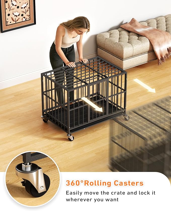 38 inch Heavy Duty Dog Crate with Dual Doors and Lockable Wheels, Large Dog Kennel Indoor, Removable Tray for Easy Cleaning, Dog Cage for Medium to Large Breeds and Anxious Dogs