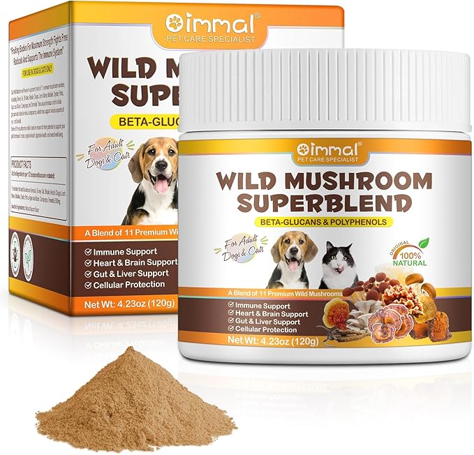Mushroom Powder for Dogs & Cats, Natural Pet Supplement Mushroom Powder Support Immune, Heart, Brain & Liver with Turkey Tail, Reishi, Lion's Mane for Cellular Protection, Bacon Flavor - 4.23 oz(120g)