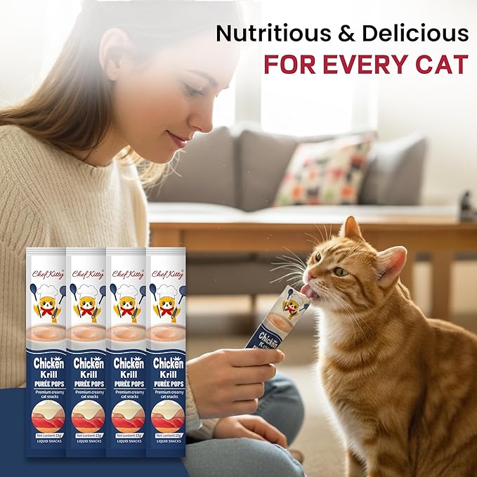 Cat Treats Lickable | Grain-Free Cat Food Toppers, High Protein | Creamy Puree Squeeze Ups with Vitamin E & Taurine, Digestible Formula | 0.5 oz. Each Tube, Chicken with Krill Recipe | 10 Tubes