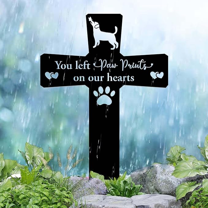 Metal Pet Memorial Garden Decoration – Dog Grave Cross for Outdoor or Indoor Display, Weatherproof Headstone Plaque for Loss of Beloved Pet, 12in Graveyard Tribute Sign