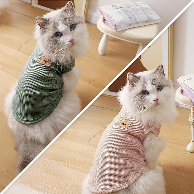 Waffle Knit Cat & Dog T Shirt for Small Dogs, Stretchable Puppy Shirt for Sphynx Cats & Small Breeds, Pet Clothes | Breathable Summer/Winter Apparel for Newborn(2PCS Medium)