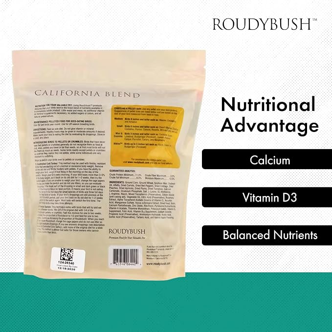 RoudyBush California Blend Pellets for Birds - Scientifically Formulated Bird Feed - Bird Food Pellets w/Dried Fruits, Vegetables & More - Nutritious & Healthy Feed for Birds (Medium, 44oz)