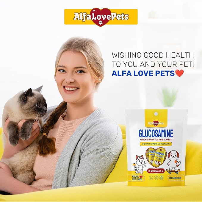 Glucosamine for Cats Maintains Strong Muscular System, Ligaments, Hips – Squeezable Cat Joint Supplement with Chondroitine, MSM, Taurine – Lickable Formula with Natural Beef Flavor in 10-Sticks Pack