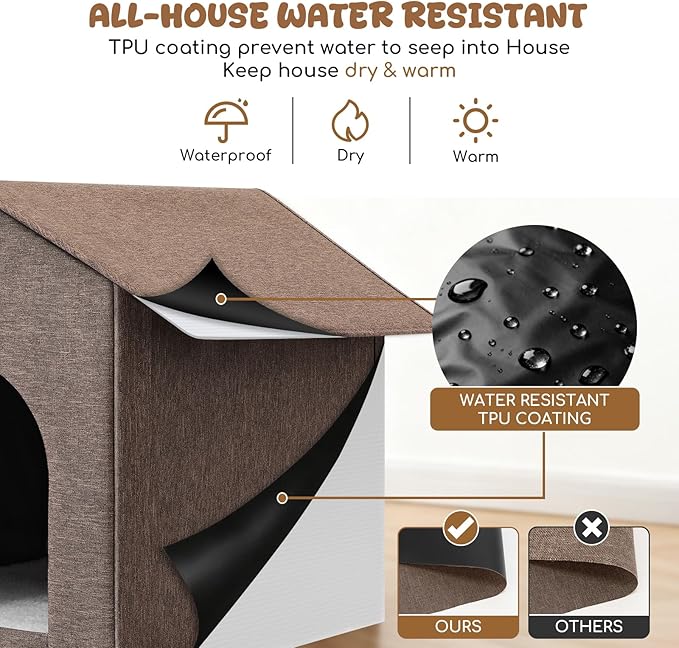 Outdoor Cat House Weatherproof, Insulated Cat Dog Houses for Outdoor/Indoor Cats for Winter, Waterproof Feral Stray Cat Shelter with Door Curtain and Warm Cushion, Easy to Assemble, Brown