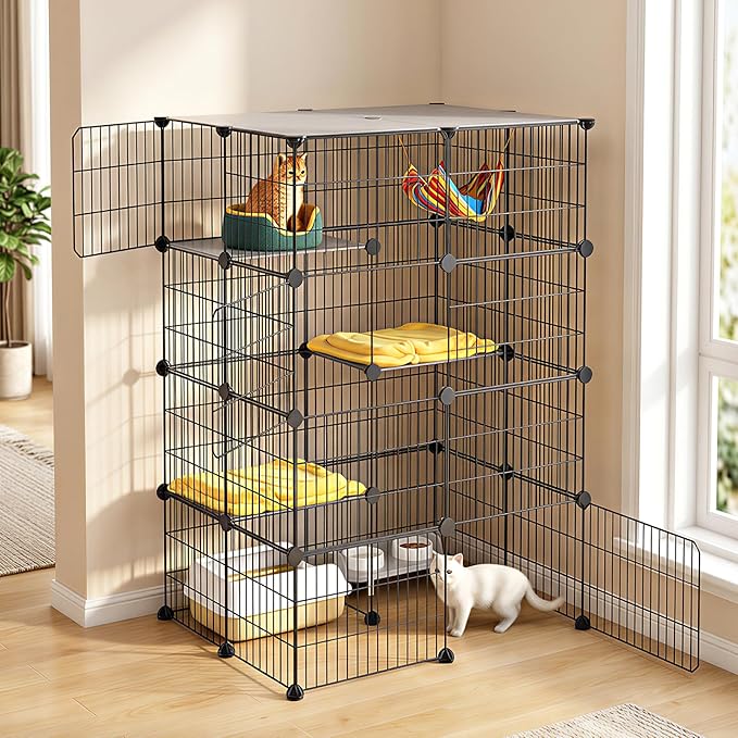 Oneluck 4-Tier Large Cat Cages ，47.2 Inch Enclosures Indoor, Catio,DIY Cat Playpen Detachable Metal Wire Kennels Cat Crate Exercise Extra Place Ideal for 1-2 Kitty