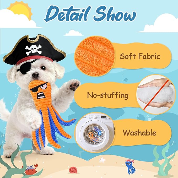 Zeaxuie Interactive Dog Toys, 2 Pack No Stuffing Dog Toys for Teething, Squeaky Chew Toy to Keep Them Busy for Small and Medium Breed, Crinkle Octopus