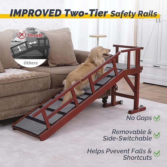 Dog Ramp for Bed or Couch, Wooden Pet Ramp with 20° Gentle Slope, Removable Side Rails, Non-Slip Surface, Top Platform & Wheels, Safe Bed Ramp for Small, Large & Senior Dogs, 60" Long, Mahogany