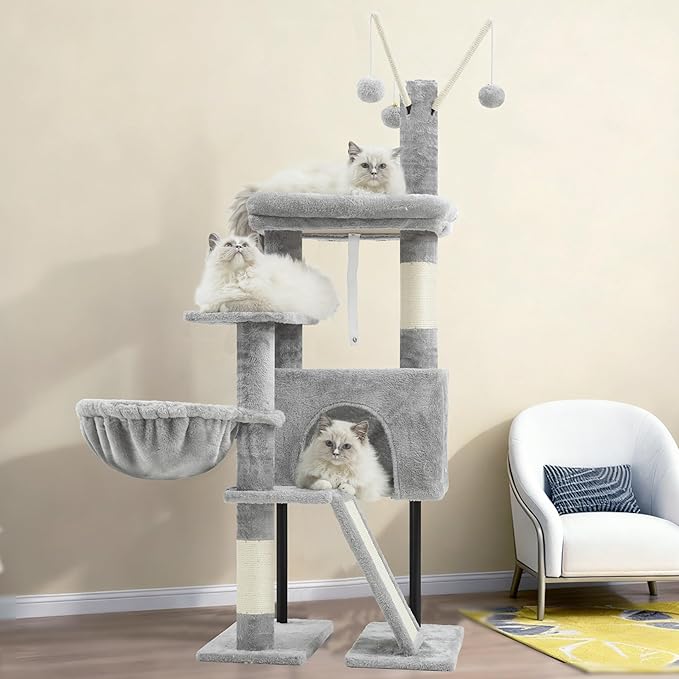 Cat Tree for Indoor Cats, Cat Tower with Scratching Post for Small Cats and Kittens, Cat House with Removable Top Platform and Fluffy Balls, Hanging Cat Basket, Light Gray GCT006SW
