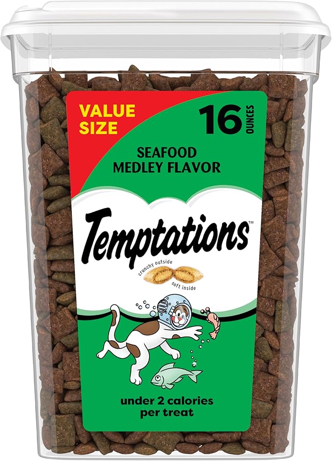 Temptations Cat Treats, Classic Crunchy and Soft Cat Treats, Seafood Medley Flavor, 16 oz. Tub