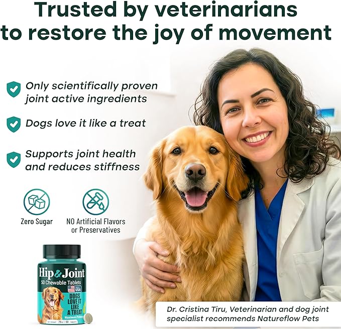 Natureflow Hip and Joint Supplement for Dogs, Arthritis Dog Joint Supplement with Green-Lipped Mussel, Glucosamine, MSM & Chondroitin, Zero Sugar Chewable Pills, Made in USA, Large Medium Small Breeds