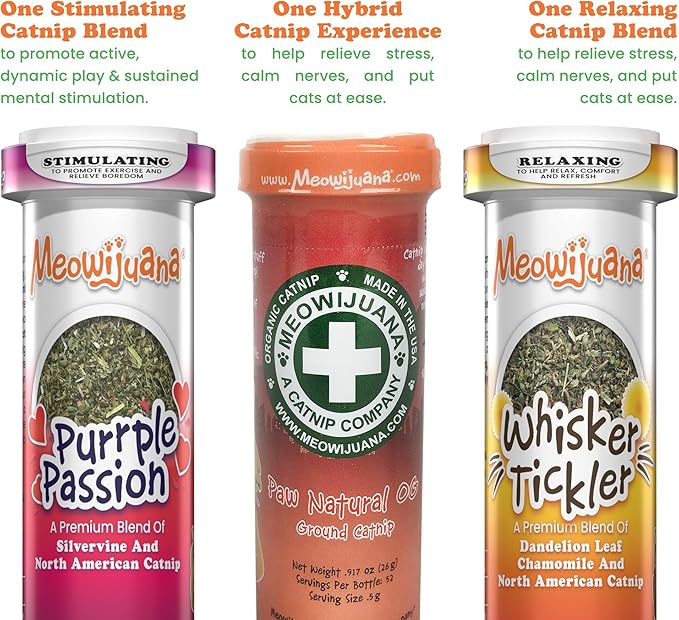 Meowijuana Purr-Effect Trio Pack | Purrple Passion, Whisker Tickler and Paw Natural OG Catnip Blends | Large Bottle High Potency Blends | Premium Hand Harvested North American Catnip