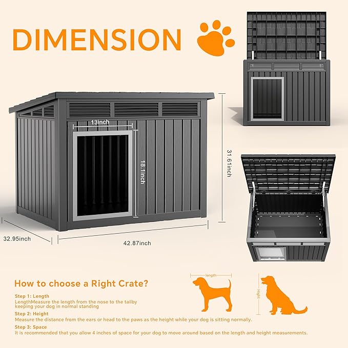 DRATO Large Dog House Outdoor for Indoor with Weatherproof & Removable Roof,Fits Small to Large (Black, 42.87 * 32.95 * 31.61'')