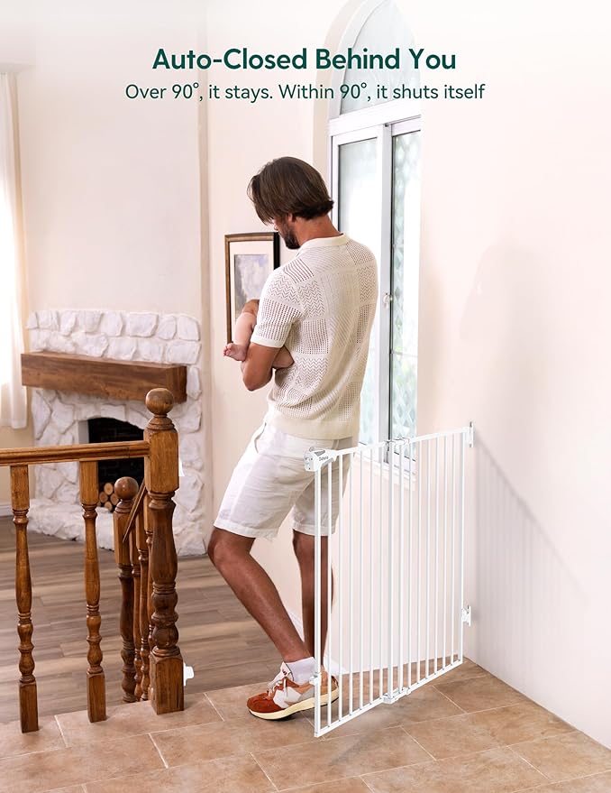 Babelio Baby Gate for Stairs, Kitchen & Doorways, No Bottom Bar| Easy Installation| One-Handed Operation| Auto-Close| Hardware Mount (Drill Needed) Safety Dog Gate (White - B17, 29-49" W, 28" H)