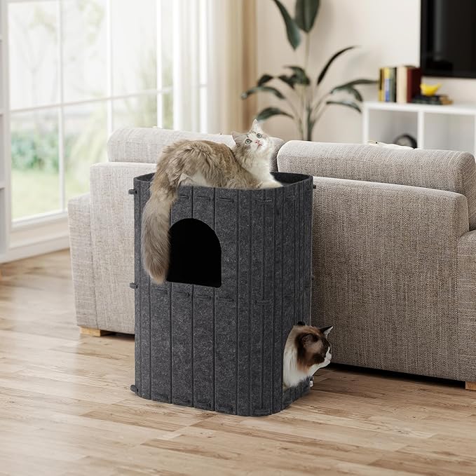 FUKUMARU Cat House for Indoor Cats, 23.62 Inch Large Cat Bed Cave Condo, 2-Storey Cozy Felt Covered Cats Tunnel Kitten Hideaway for Multicats, Scratch Resistant, Dark Grey
