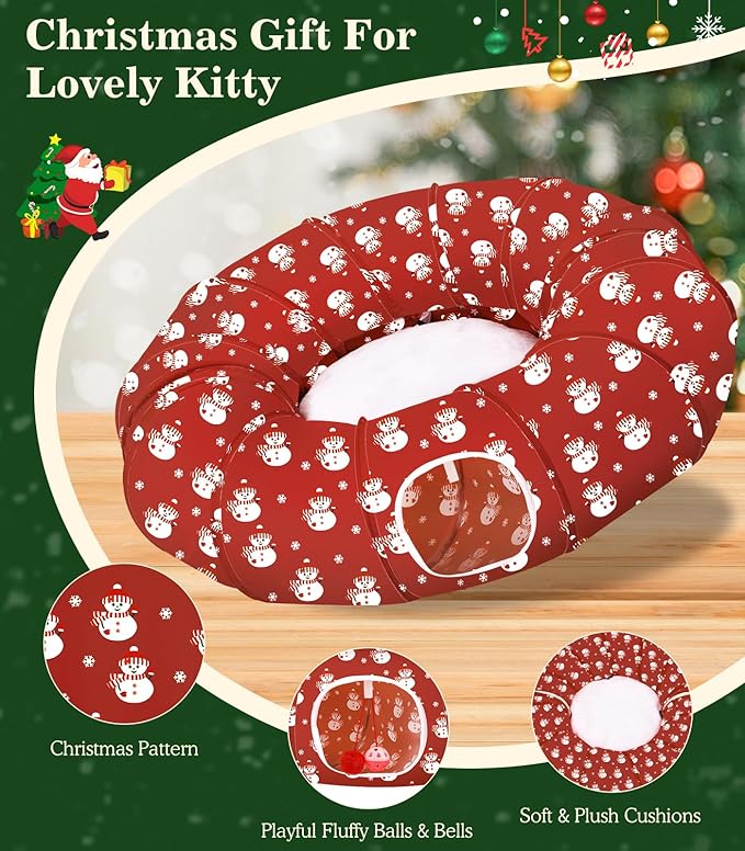 Pawaboo Cat Tunnel Bed Under Christmas Tree, 35.4'' Christmas Cat Toy Circle Tunnel with Ball, Cats Tunnels Christmass Tree Skirt Decorative Festive Foldable Kitty Tube Tunnels for Cats(Red Snowman)