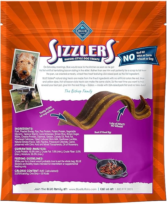Blue Buffalo Sizzlers Natural Soft Dog Treats, Bacon-Style Soft-Moist Dog Treats with Real USA Pork, Original Flavor, 6-oz Bag (Pack of 2)
