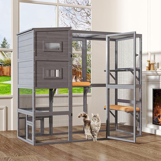 Large Indoor Cat Catio, 4 Tier Outdoor Cat Enclosures House for Cats with Weatherproof Roof, 3 Resting Rooms, 3 Platforms, Cats Catio Connect to Window with 2 Large Door, Feral Pet Shelter