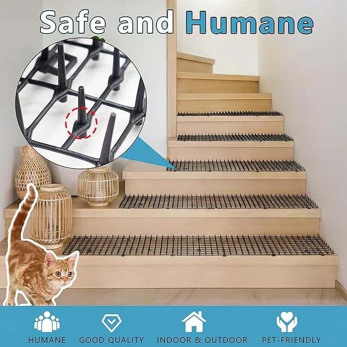Pet Repellent Mat, White, 6.5 feet with 8 Ground Stakes 8 Zip Tie, Cat Repellent Mat with Gentle Spikes for Garden/Backyard, Dog and Raccoon Deterrent Mat, 78.74 inches x 11 inches.