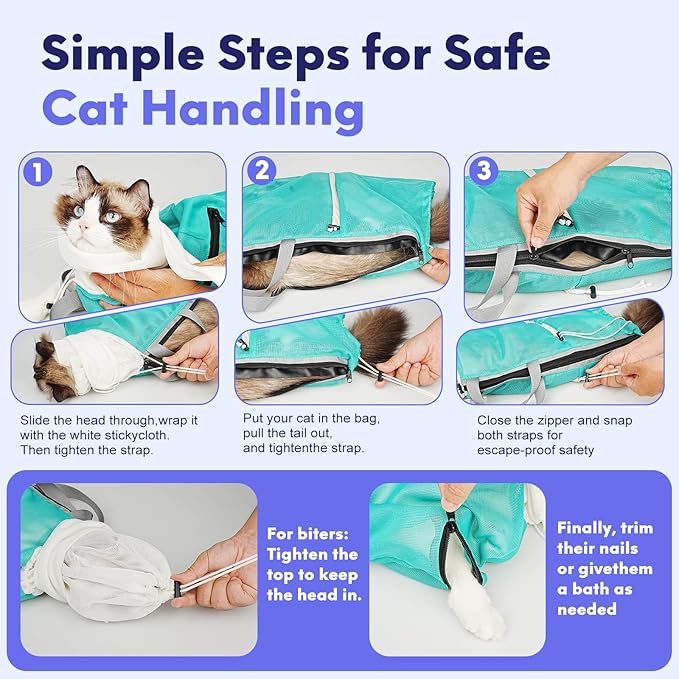 Cat Bathing Bag Anti Scratch Bite Breathable Mesh - Adjustable Cat Grooming Bag for Nail Trimming, Injections, Medication, Dental Care, Vet Visits, Cats Shower Bag with Zippers,Green