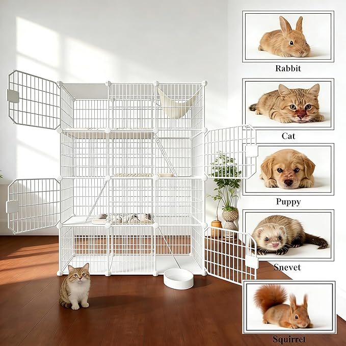 Large 4-Tier Cat Cage Indoor, DIY Cat Enclosures Detachable Metal Wire, Indoor Cat Crate Exercise Place Ideal for Kitty, Small Animals (White, 41" L x 14" W x 55" H, 7)
