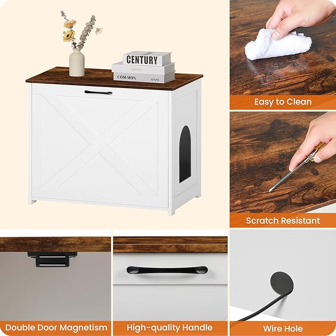 Dwanton Cat Litter Box Furniture Hidden, Cat Litter Box Enclosure, Reversible Entrance Can Be on Left or Right Side, Indoor Cabinet, Wooden Washroom, End Table, White and Rustic Brown, 27.6" L