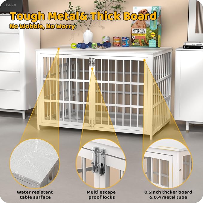 Heavy Duty Dog Crate Furniture – Indestructible Furniture Style Dog Kennel with Wooden Table Top, Escape-Proof Crate for High Anxiety Dogs, Decorative Indoor Pet House with Double Doors & Secure Locks