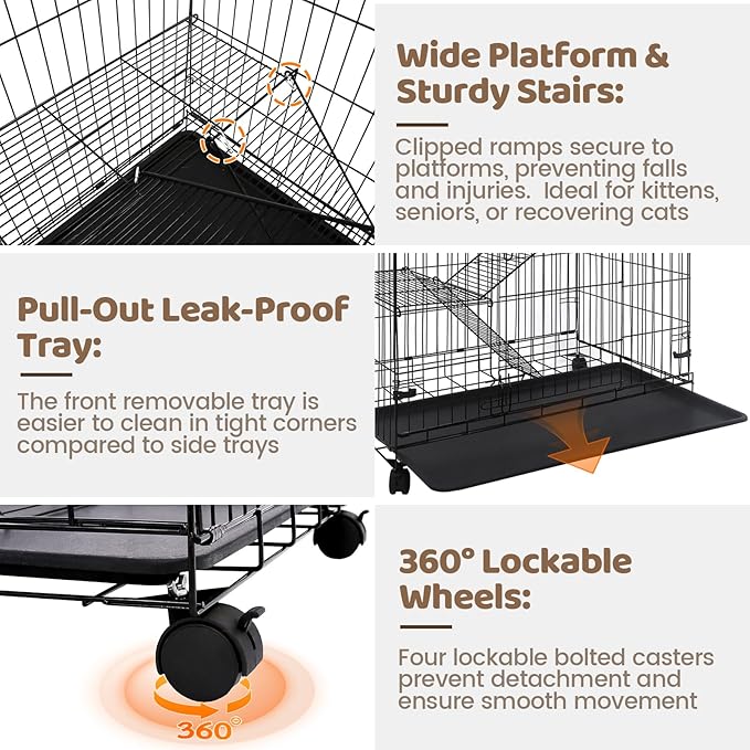 Homey Pet 51 Inch Cat Cages Indoor, Large 4-Tier Cat Crates for Indoor Cats, Collapsible Metal Wire Cat Enclosures Big Kennel for Adult Cats Kitten Kitty with Hammock, Ladders, 360° Wheels