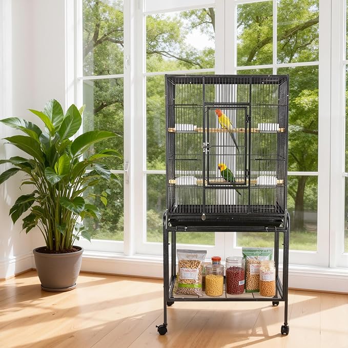 53 Inch Bird Cage with Wooden Perches, Standing Wrought Iron Birdcage Large Parrot Flight Bird Cage with Rolling Stand Birdcages for Cockatiels African Grey Quaker Lovebird Canary Budgie Finch Black