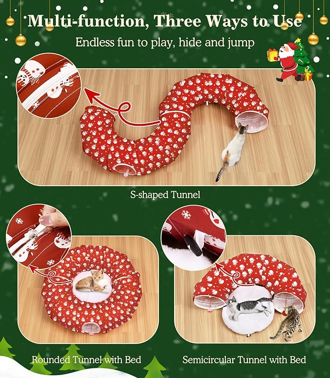 Pawaboo Cat Tunnel Bed Under Christmas Tree, 35.4'' Christmas Cat Toy Circle Tunnel with Ball, Cats Tunnels Christmass Tree Skirt Decorative Festive Foldable Kitty Tube Tunnels for Cats(Red Snowman)