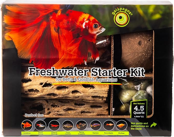 Galápagos (05356) Freshwater Starter Kit - Natural Aquarium Accessories with Cholla Wood, Catappa Leaves, Coconut Hut & More, Ideal for Betta, Goldfish & Live Freshwater Fish, 4.5 Quarts