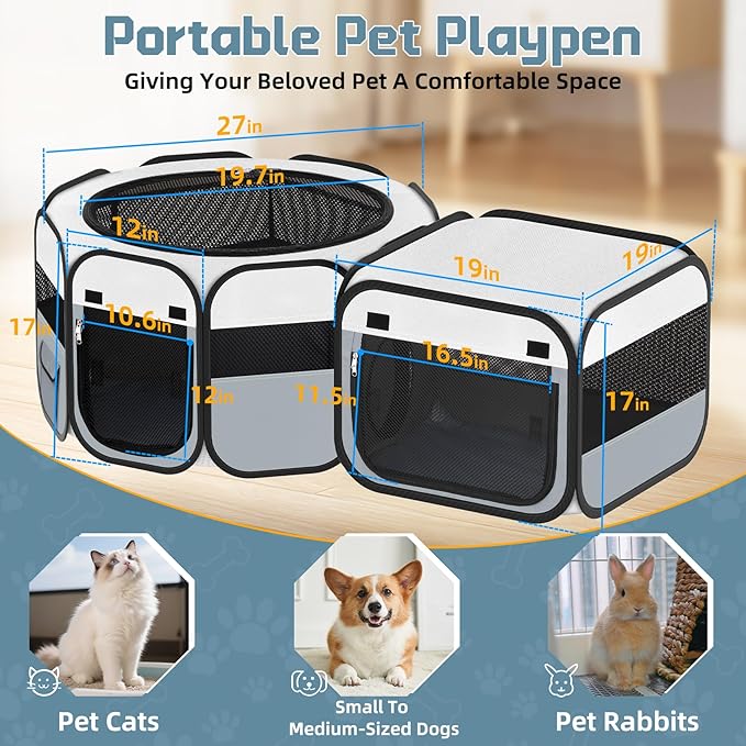 Vikua Portable Pet Cat Playpen, Foldable Dog Playpen for Indoor and Outdoor Use, Two in One Pet Playpen for Puppies Medium-Sized Dogs Kittens Travel Camping Use, Cat Tent & Houses