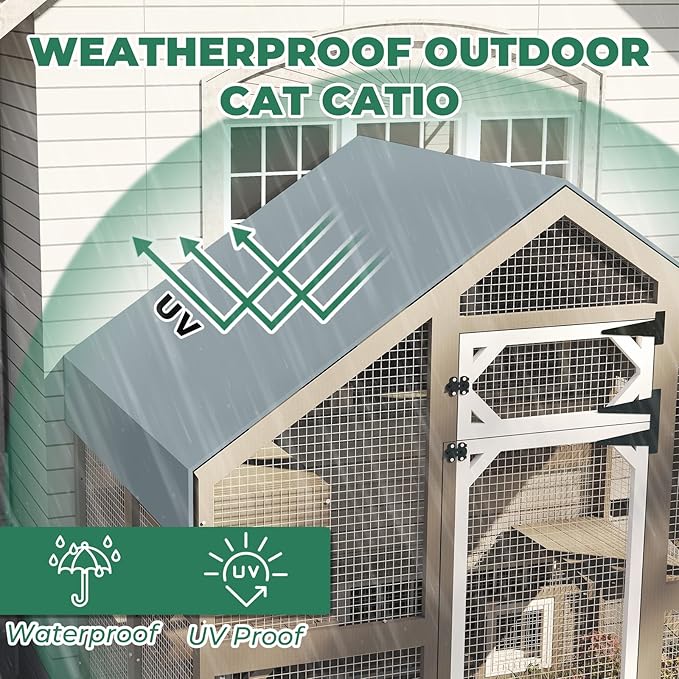 71" H Catio Outdoor Cat Enclosure Weatherproof, Large Walk-in Cat House Attached Window for Multiple Cats, Waterproof Cat Cage Kitty Enclosure Outside with 2 Condos, 6 Platforms