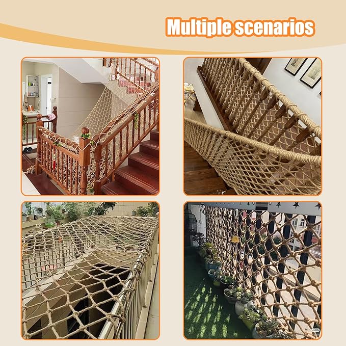 Jute Hemp Rope Net Balcony Safety Net for Kids Climbing Cargo Net Outdoor Playground Rope Net Safety Netting for Railings Stair Protection Net Indoor Outdoor Decorative Net