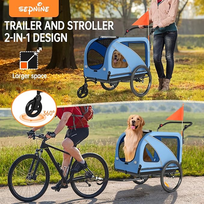 Sepnine Dog Bike Trailer, Supports up to 110 lbs, 2-in-1 Pet Stroller Cart Bicycle Carrier, Easy Folding Cart Frame with Quick Release Wheels, Universal Bicycle Coupler, Non-Slip Floor, Internal Leash