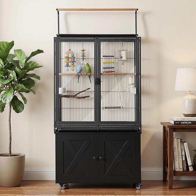 beeNbkks 65" Bird Cage with Storage Cabinet & Clear View Front Doors, Rolling Metal Parakeet House with Stand, Large Parrot Aviary for Cockatiels Conures Budgies, 0.5" Bar Spacing, Deep Grey