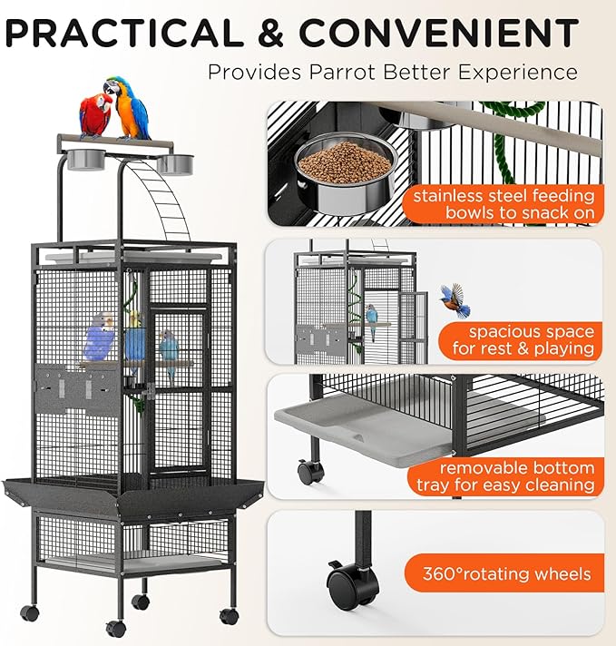60 inch Large Bird Cage with Rolling Stand, Metal Parrot Cage with Play Top & 4 Stainless Steel Bowls, Birdcage Pet House for Conure Cockatiel Parakeet Lovebird, Black