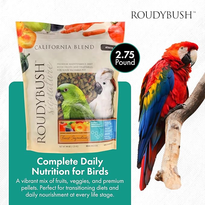 RoudyBush California Blend Pellets for Birds - Scientifically Formulated Bird Feed - Bird Food Pellets w/Dried Fruits, Vegetables & More - Nutritious & Healthy Feed for Birds (Medium, 44oz)