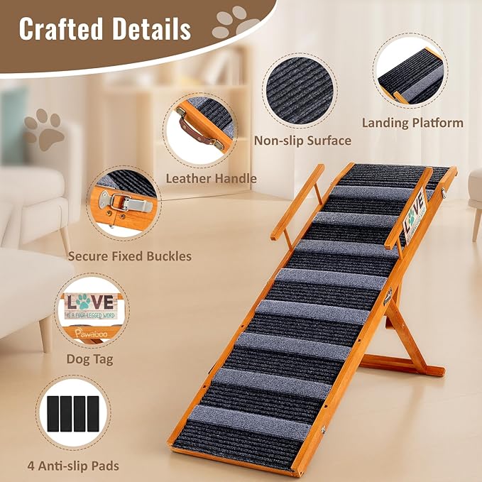 Pawaboo Dog Ramp for Small Dog, 57'' Foldable Dog Ramp for Bed, 5 Adjustable Height from 19.7'' to 30'', Portable Stable Pet Steps with Dogs Tag & Safety Side Rails, Pet Ramps for Bed Couch, Walnut