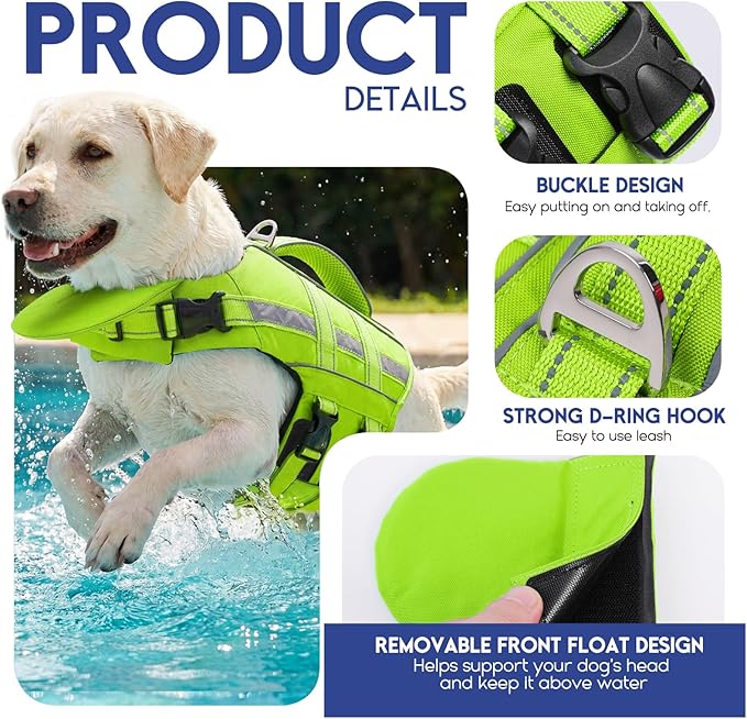 ASENKU Removable Front Float Dog Life Jacket, High Buoyancy Dog Life Vest with Reflective Strips & Rescue Handle for Swimming & Boating, Adjustable Life Jacket for Dogs(Green XL)