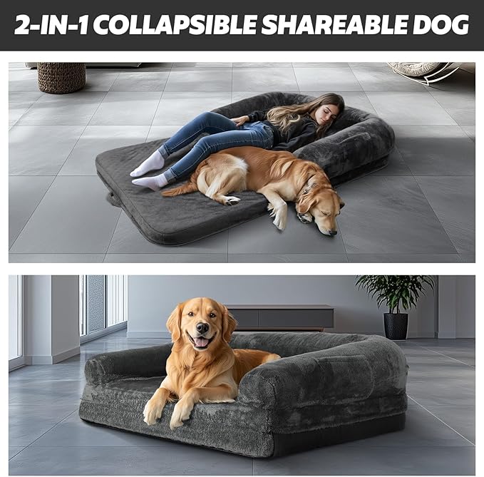 Foldable Human Dog Bed,Orthopedic Memory Foam Human Sized Dog Bed,2 in 1 Calming Human Size with Egg Foam Supportive Mat and Waterproof Liner,Storage Pocket (75”x45”x10”)