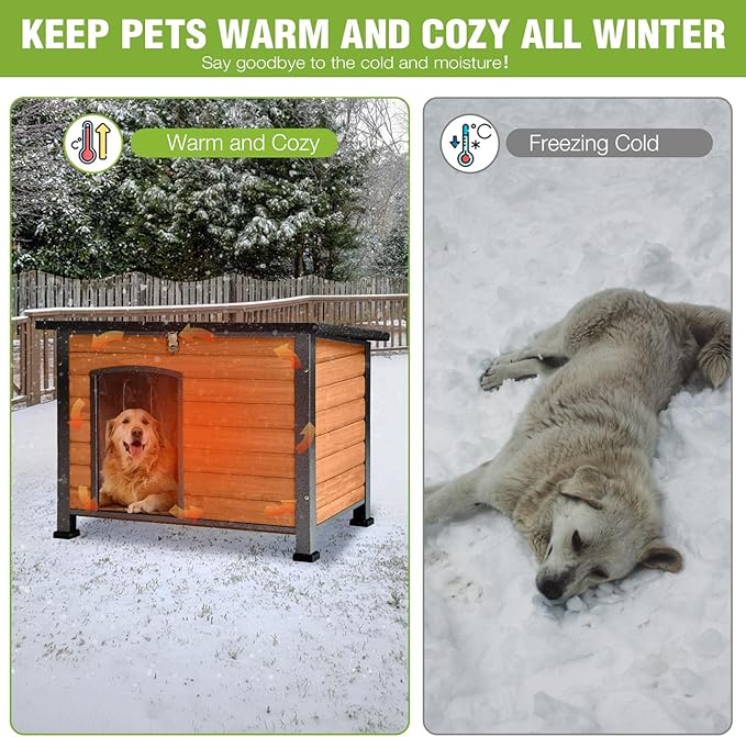 GUTINNEEN Large Outdoor Insulated Dog House Weatherproof Dog Kennel Indestructible Dog Shelter with Chew-Proof Full Metal Frame, Openable Roof for Small to Large Dog Breeds (33.5"L x 22"W x 25.2"H)