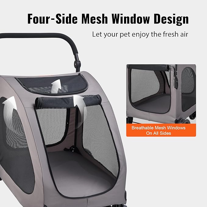 VEVOR Pet Stroller, 4 Wheels Dog Carrier with Brakes, 160lbs Weight Capacity, Portable Puppy Travel Strollers with Breathable Mesh Windows & Height-Adjustable, for Cats & Dogs